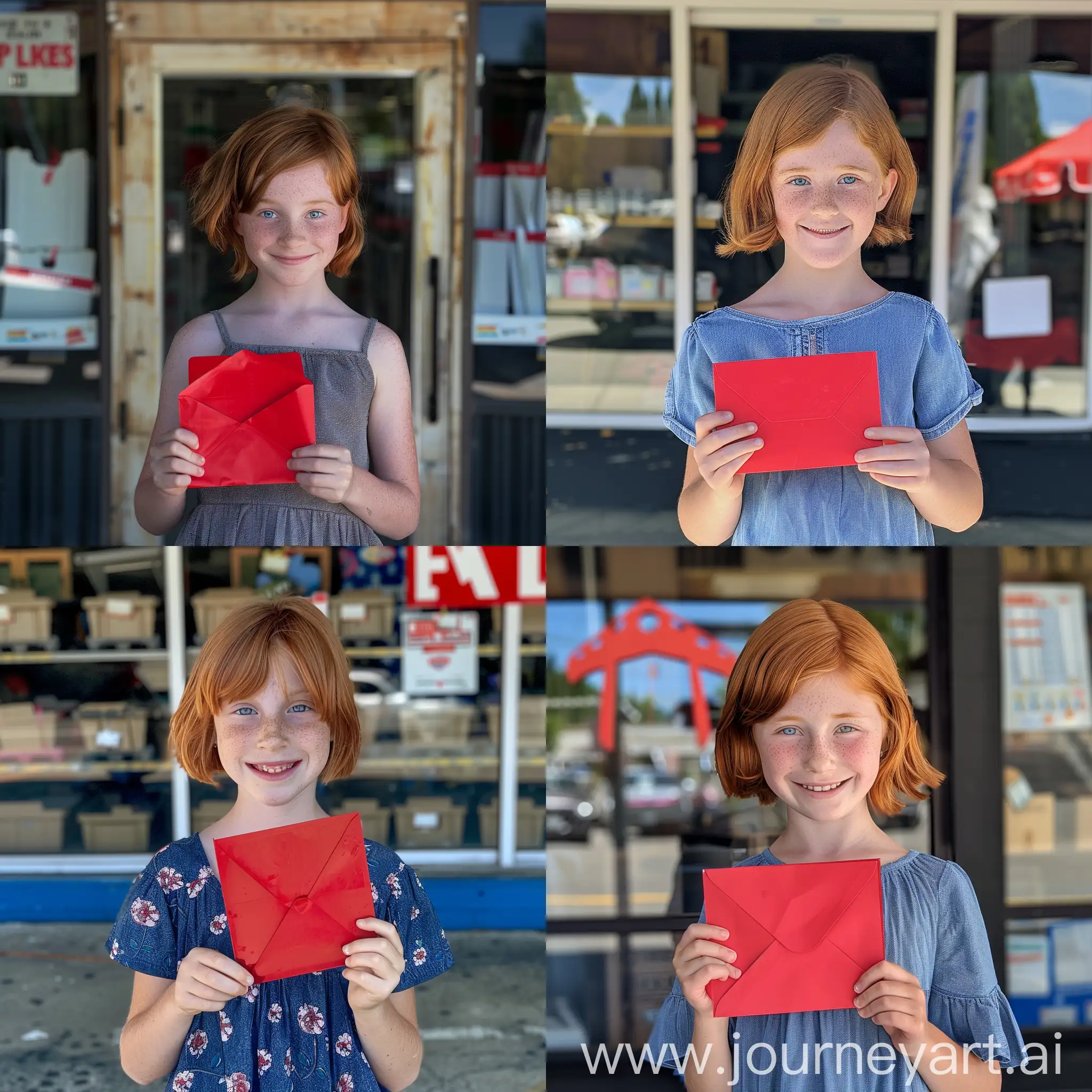 A 12 year old girl standing in front of a rental store holding a red envelope in her hand. She is happy with short ginger hair, blue eyes and a smile on her face. It is summer.