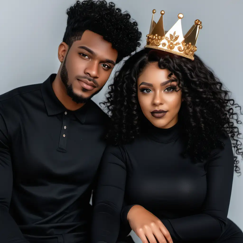 Beautiful black couple staring at reader,both have curly black hair,brown eyes,real crowns on top of their heads,beautiful matching black outfits