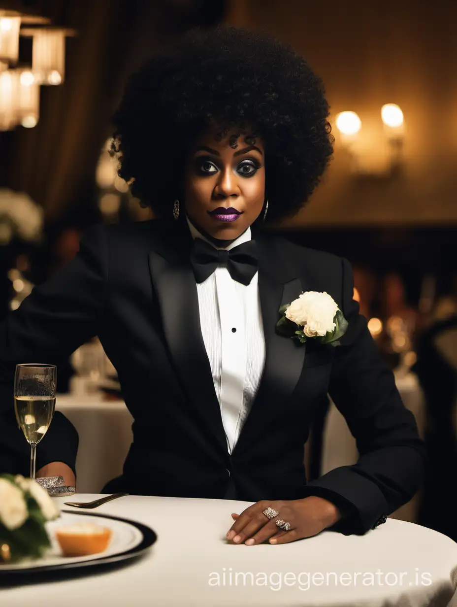 30 year old stern Black woman wearing a tuxedo with a black bow tie and big black cufflinks. Her jacket has a corsage. She is sitting at a dinner table.  She has an afro.