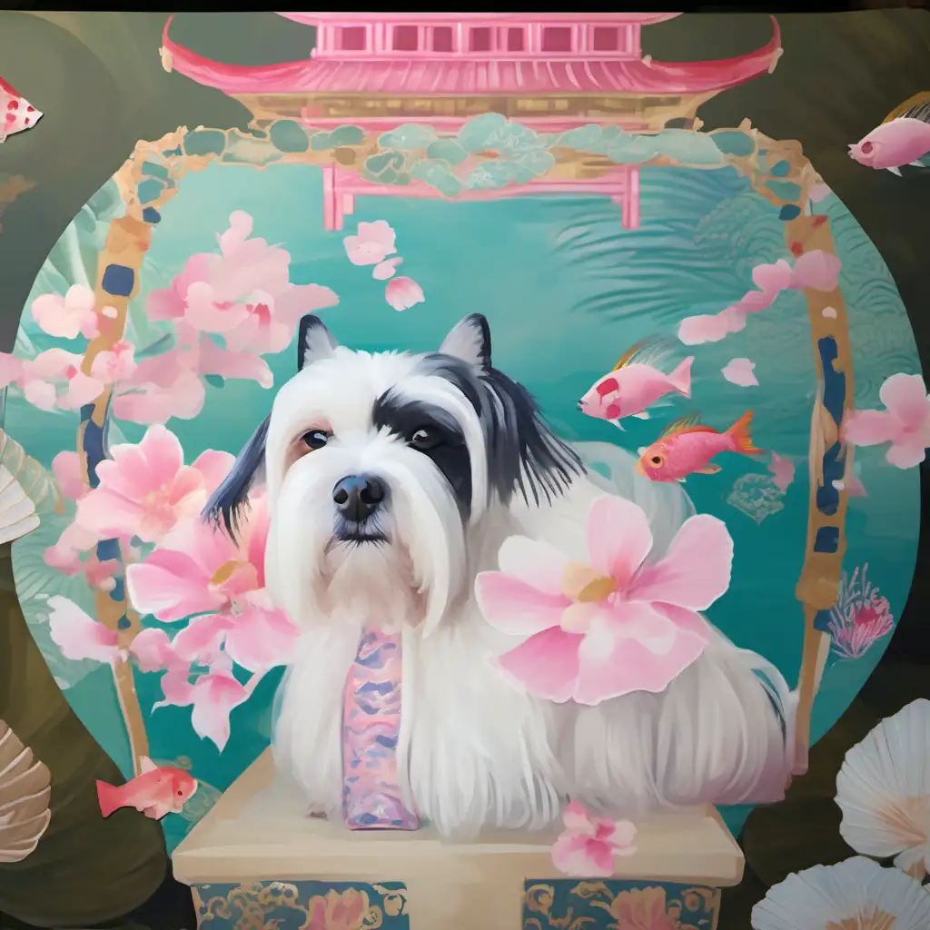 Dog face in kimono dress, pagoda headdress, painterly style, chinoiserie background, pink angel Fish