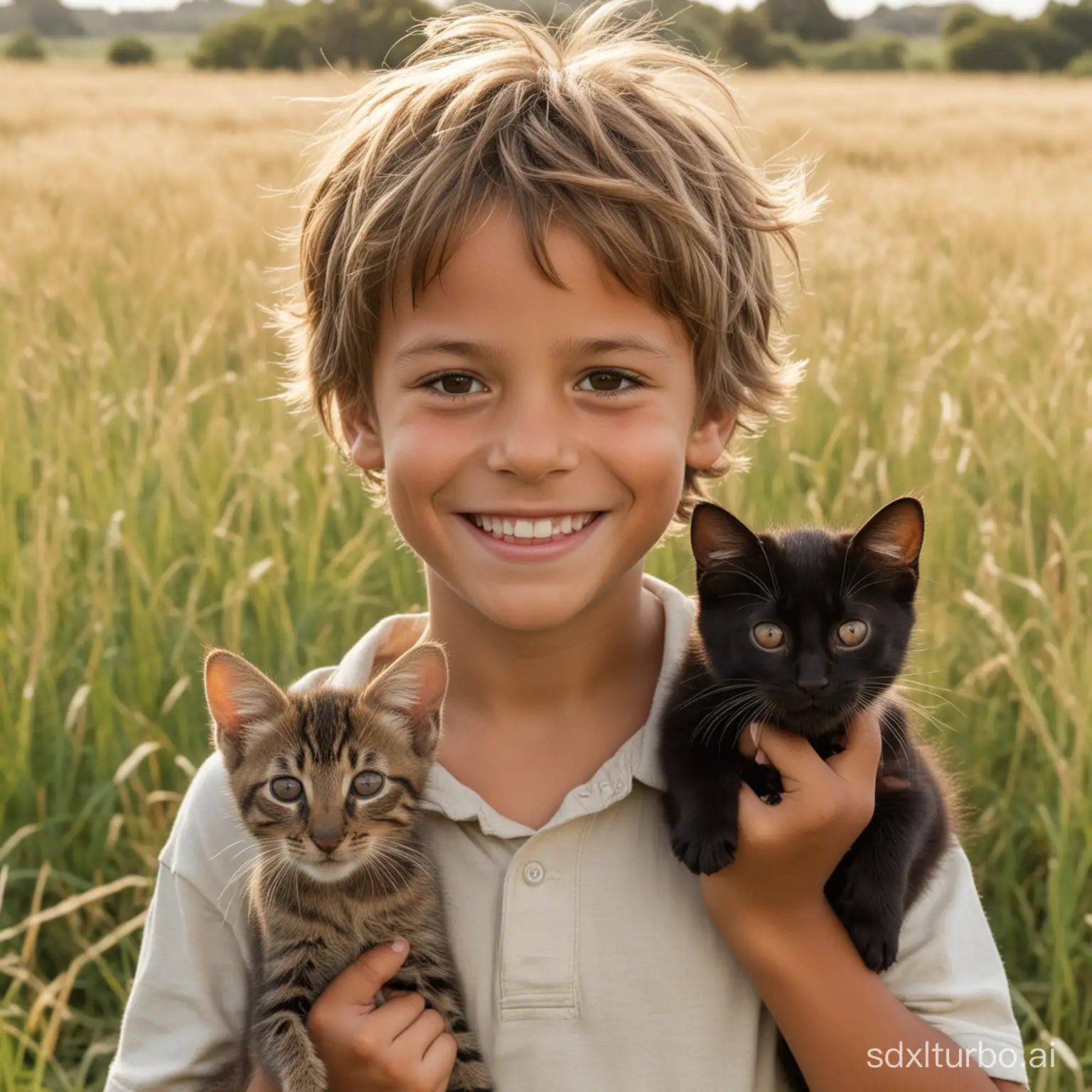 Two boys aged 7 and 5 years old, of African descent, with dark skin and brown-blond hair, smile while holding a mouse, with a background of grassland. Behind them are two black cats.