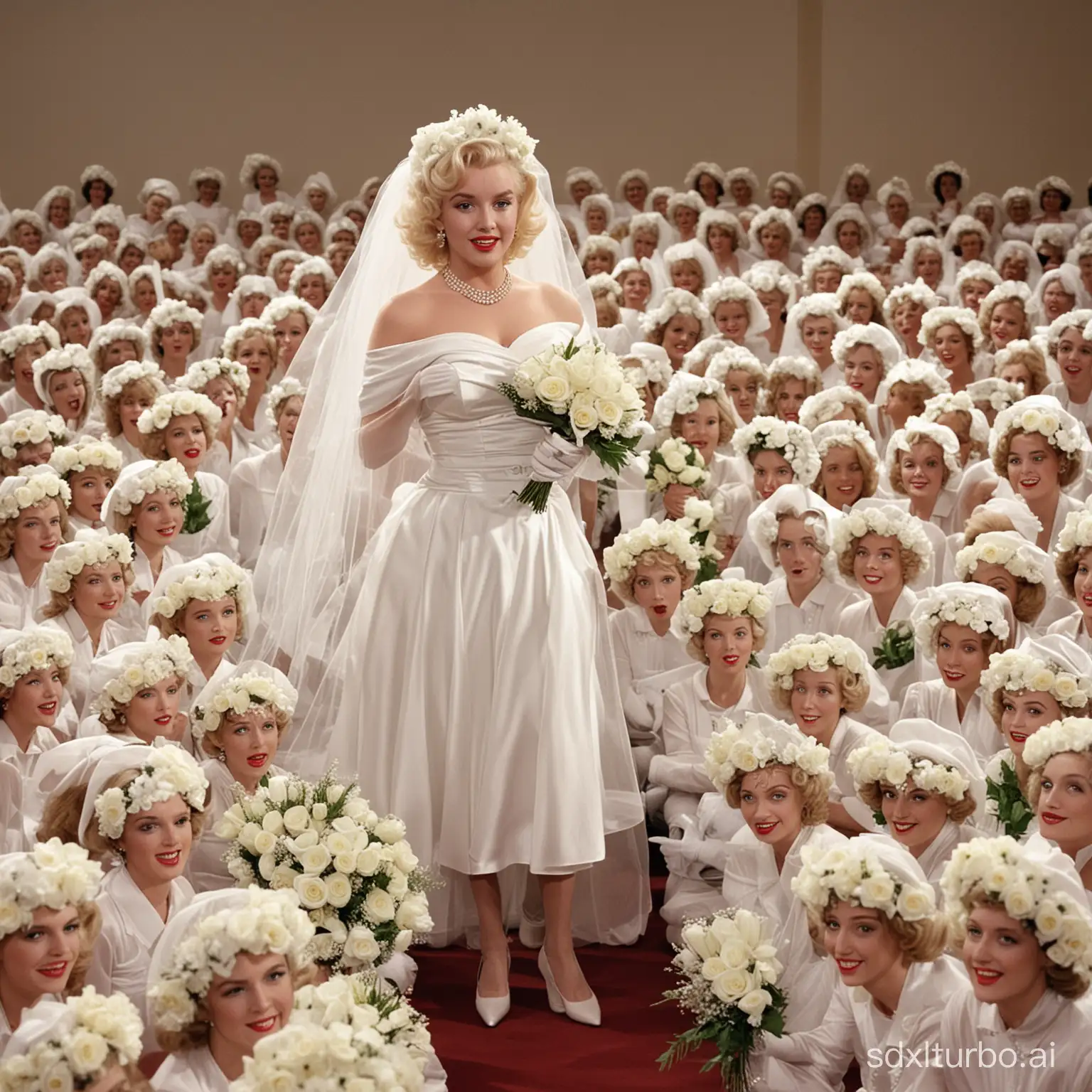 Marilyn Monroe dressed as a bride in veil and wreath with white gloves giving a lecture in the auditorium crowded with Marilyn Monroe and her clones dressed as brides in veil and wreath with white gloves and bouquet of flowers