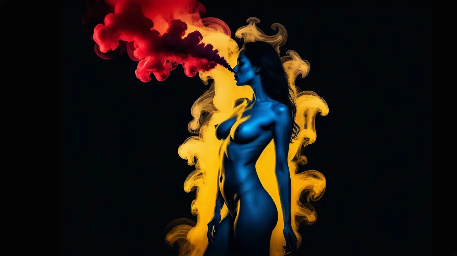 A simplistic artwork depicting a Atractive nude woman and red smoke mist in double exposure style, minimalistic painting, yellow and blue mist ink design, smoke ink style, straightforward black drawings, streaming outline, dark backdrop, high contrast --ar 16:9 --s 150 --style raw