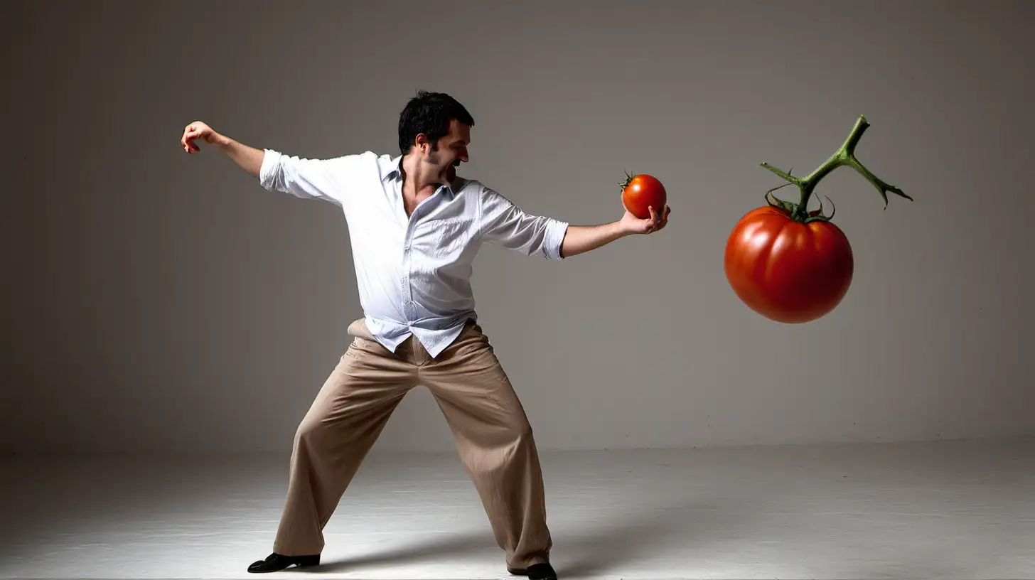 Joyful Man Dancing with a Tomato in Vibrant Celebration