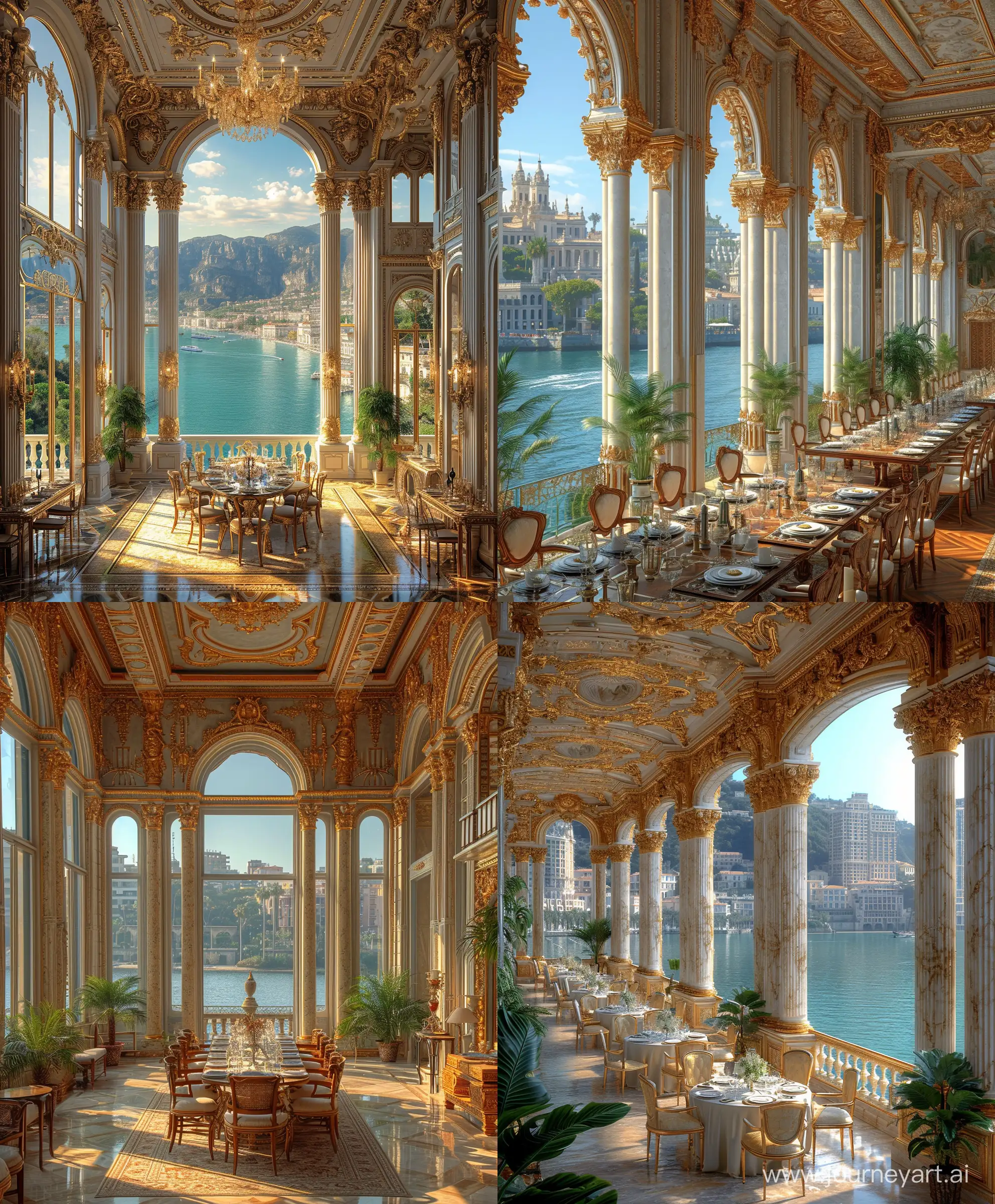 Baroque-Style-Ornate-Dining-Room-with-River-and-City-View