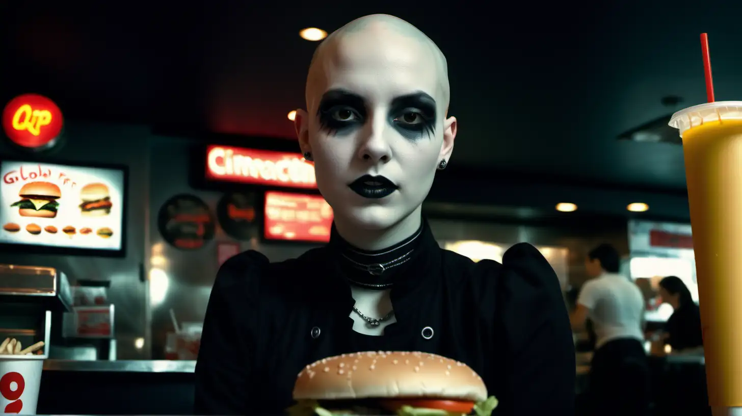bald goth girl, black eye make up, dressed like a goth, clear facial features, serving burgers in a fast food restaurant, Cinematic, 35mm, 28mm lens, f1.8, accent lighting, global illumination, -uplight - v4 - q2