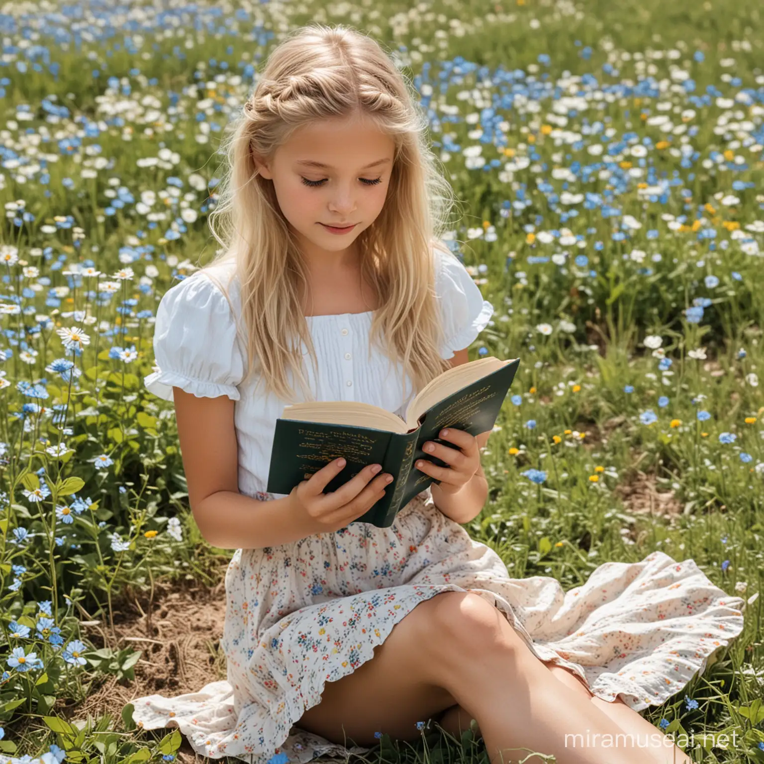 a young girl with blonde hair and blue eyes is sitting on a flower field reading a book. she is wearing a short skirt and she has bare feet