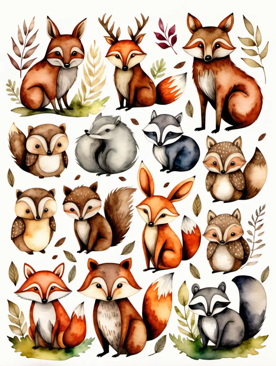 Hand Drawn Woodland Animals with Watercolor Background