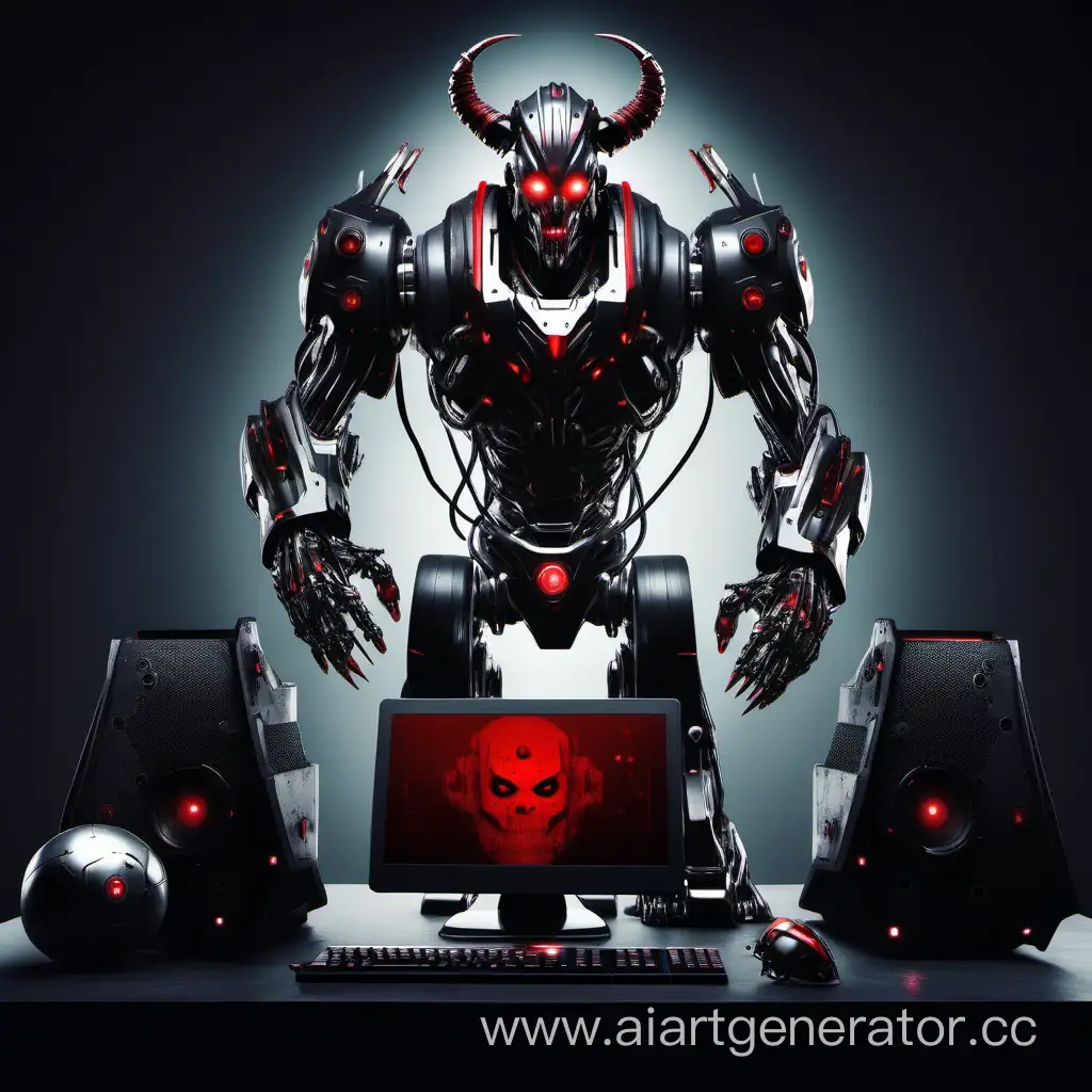 Робот, агрессивный, с железными рогами и красными глазами, черный, на темном фоне, рядом компьютерные игры, игровая сфера