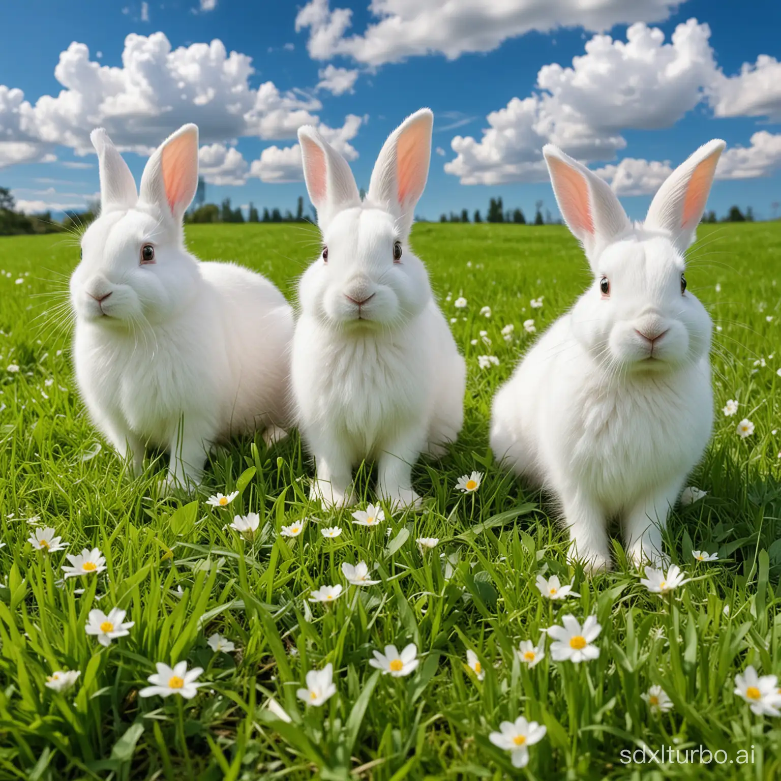 4 white color rabbits on green grass, flowers, green grass, blue sky, white clouds