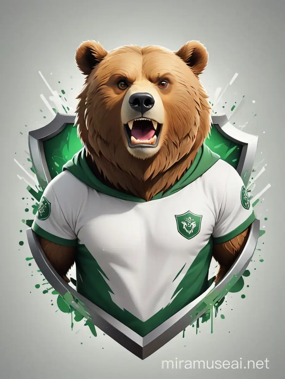 Abstract Bear TShirt Design on White and Green Shield Background Logo