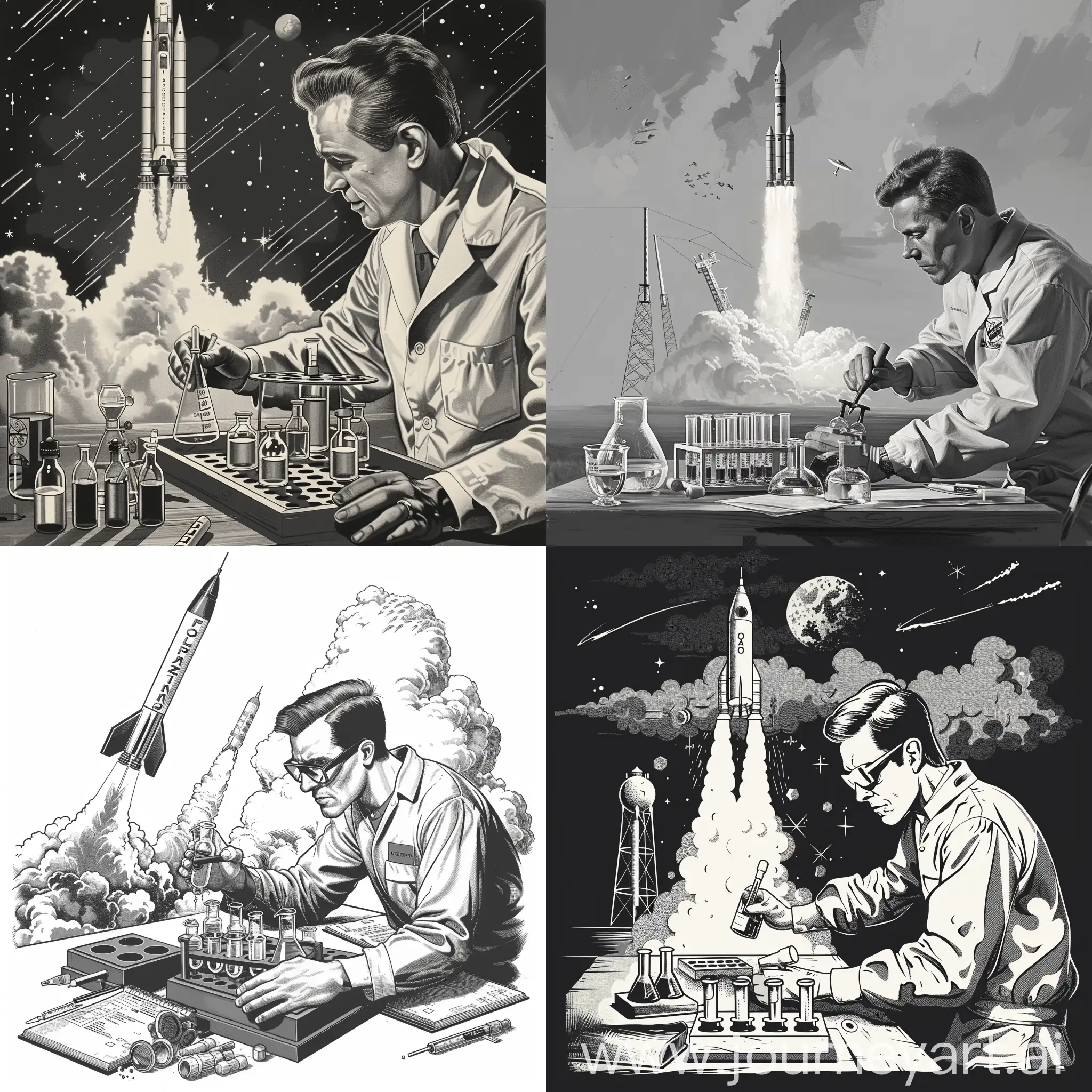 a scientist working with a chemistry set while a rocket launches behind him - black and white