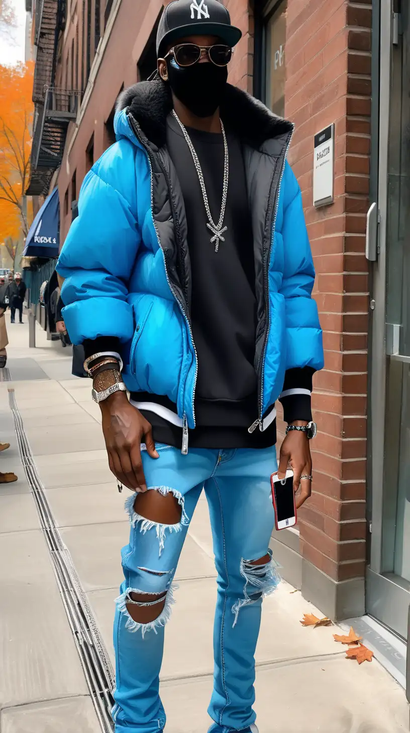 Skinny tall Handsome brown skin Black man. Is an NYC Drill rapper with a warm heart. Wears fringed skinny jeans and ski mask. Fashion icon. Doesn’t wear oversized clothing. Favorite colors are blue, grey, black, and red. Holding iPhone. Fall season.
