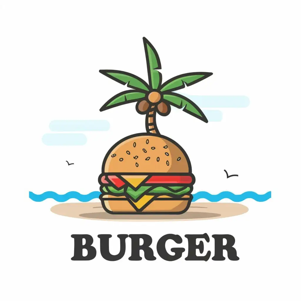 a logo design,with the text "burger", main symbol:burger with coconut tree and beach in background,Minimalistic,be used in Retail industry,clear background