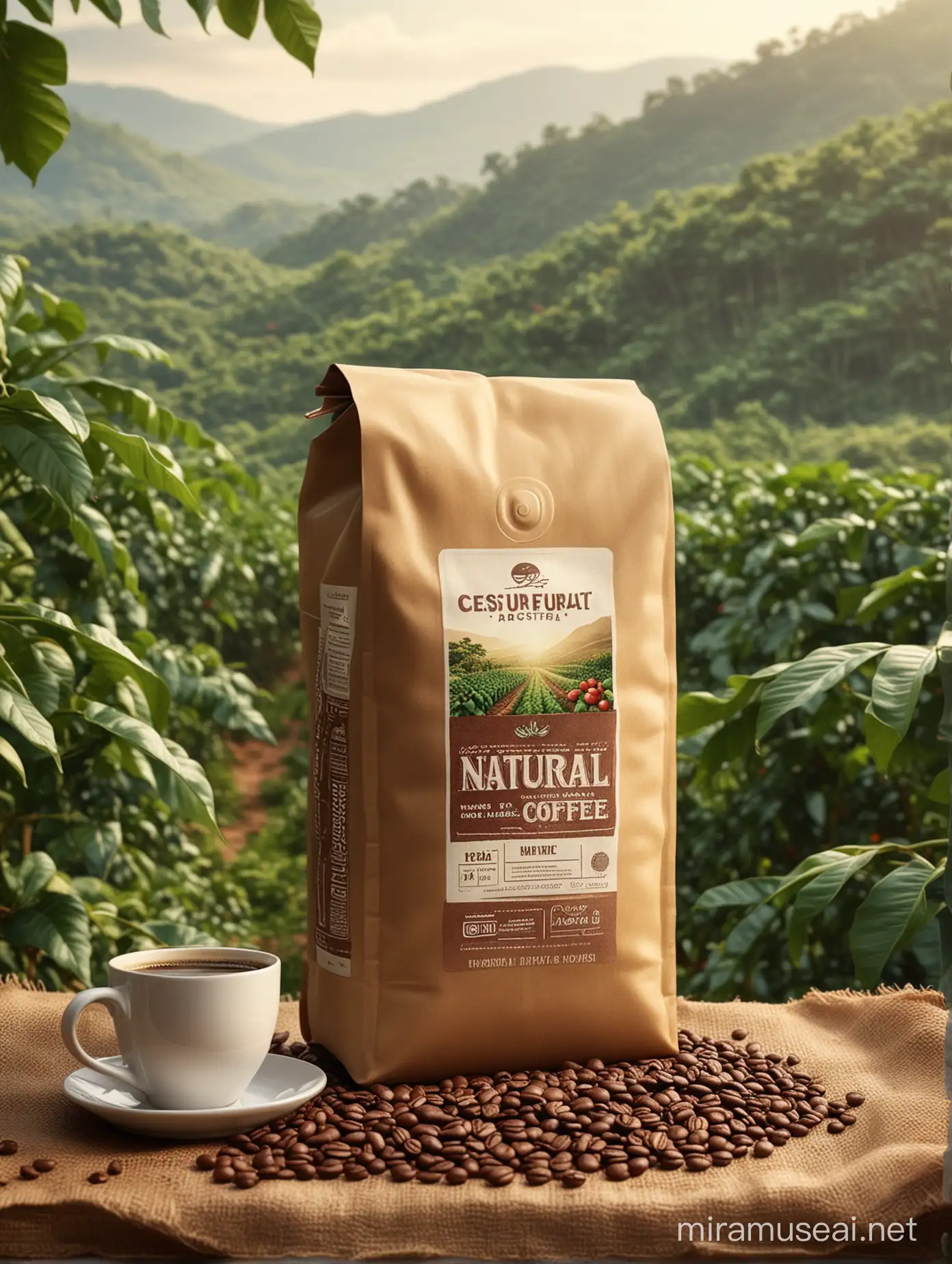 A vibrant and eyecatching advertisement photo for natural coffee with the main focus being a close up of big coffee package in the front, The background is coffee plantations, symbolizing purity in nature. The overall tone should be inviting and warm. cinematic shot, hyper details, HD HQ, super realistic
