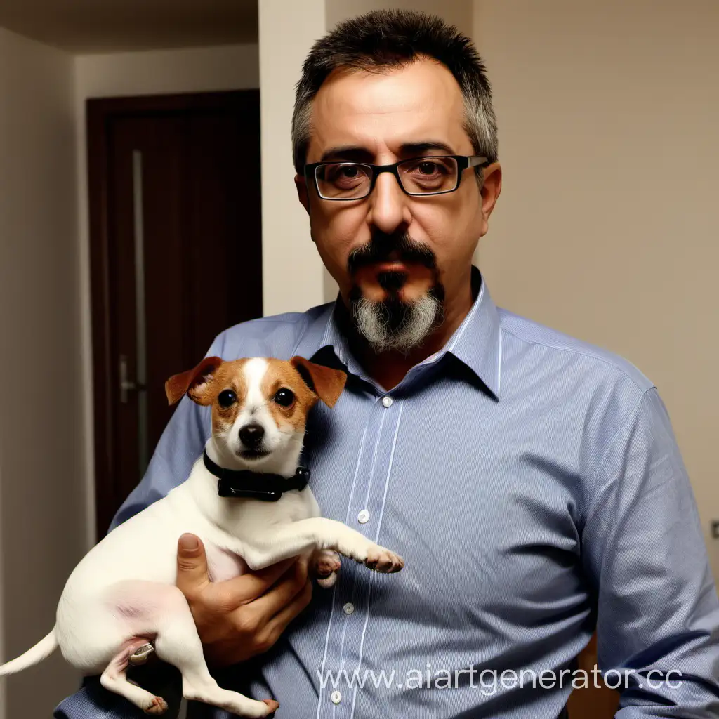 Системный администратор армянин с бородой эспаньолкой, носит очки, 46 лет, женат, есть сын, собака Джек Рассел, живет в квартире тещи, в рубашке