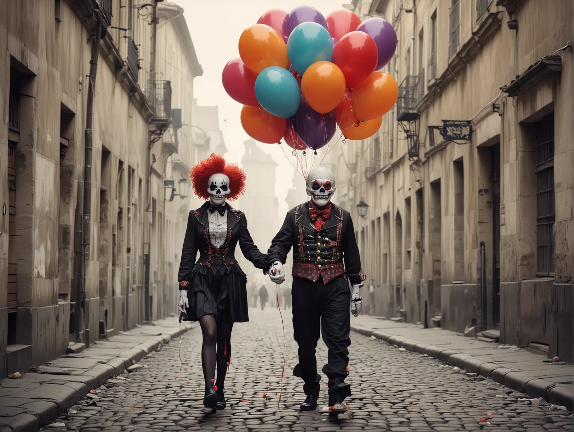 Romantic Clown Couple Holding HeartShaped Balloons in Urban Setting