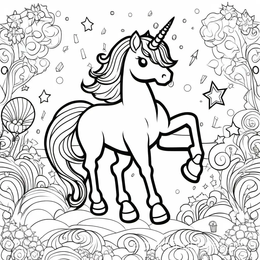 Unicorn kids birthday party, Coloring Page, black and white, line art, white background, Simplicity, Ample White Space. The background of the coloring page is plain white to make it easy for young children to color within the lines. The outlines of all the subjects are easy to distinguish, making it simple for kids to color without too much difficulty