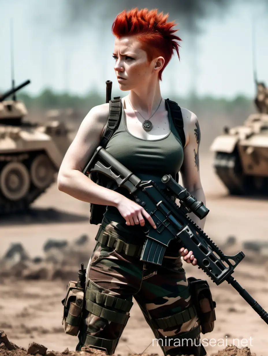 A red-haired woman with a short mohawk, dressed in a tank top and camouflage pants, wearing a sword at her waist while cradling an assault rifle in her arms, gazing over a battlefield with a thousand-yard stare.