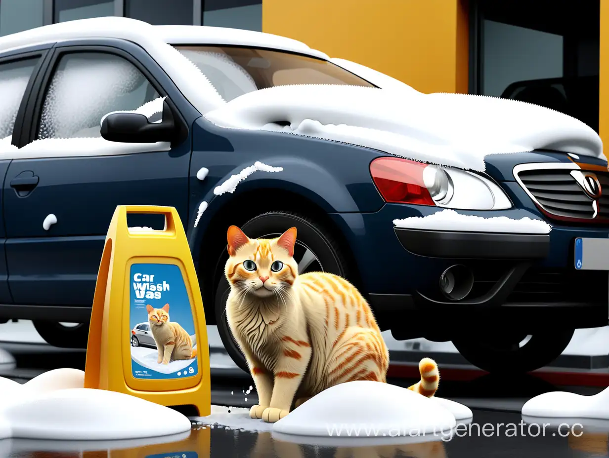advertisement for car wash in the parking lot, with a picture of a cat removing snow from the car, and above there is the inscription YANDEX WASH