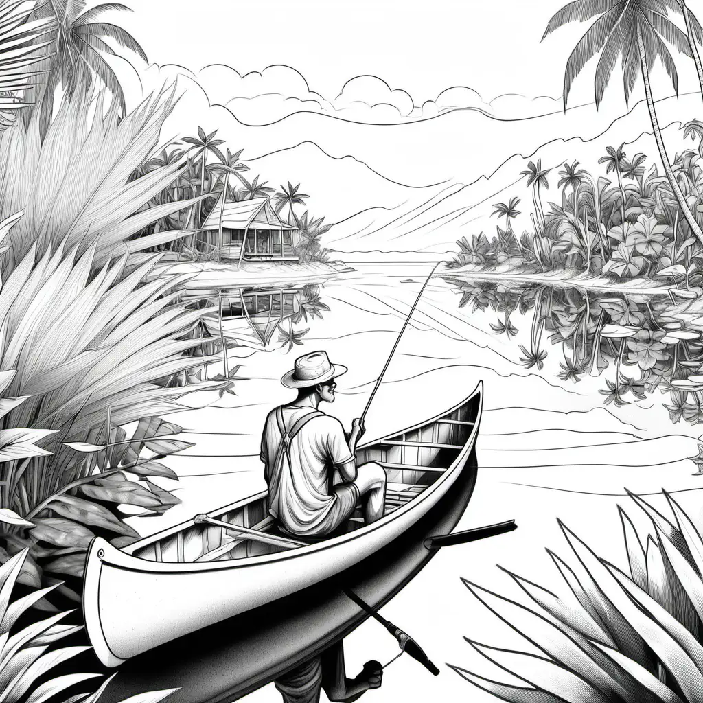 adult coloring book, black and white. An illustrated closeup portrait with side view of peaceful scene of an old young man sitting in a canoe, fishing in a calm lagoon on a tropical island