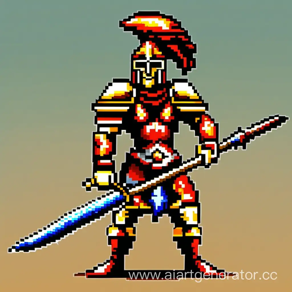 Generate an 80x80 pixel, 2D pixel-art representation of a warrior-spearman (kopeyschik) in a battle-ready pose. The warrior should be depicted in a dynamic stance, wielding a spear and wearing traditional armor. The image should embody a classic fantasy aesthetic, with bold and vibrant colors, reminiscent of early video game pixel art
