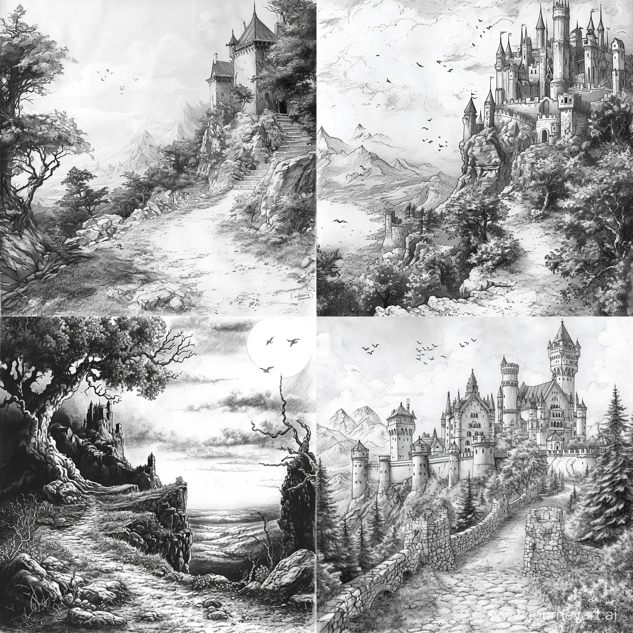 В чёрно-белом цвете, нарисовано карандашом, в стиле старого аниме, средневековье, фэнтези, пейзаж
