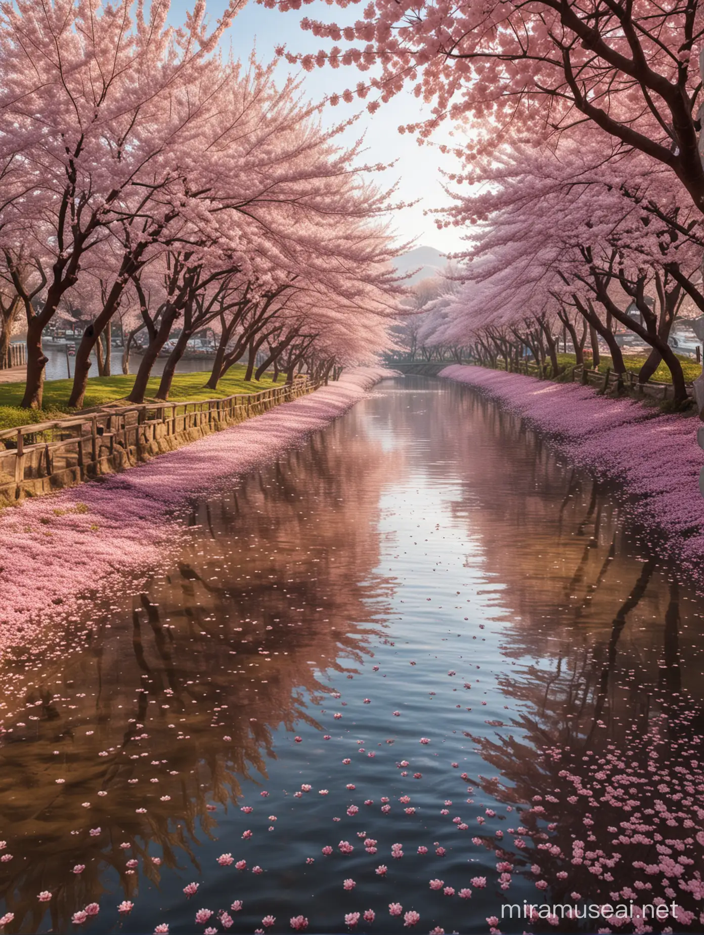 Serene Cherry Blossom River Landscape Sunlit Petals and Blossoms