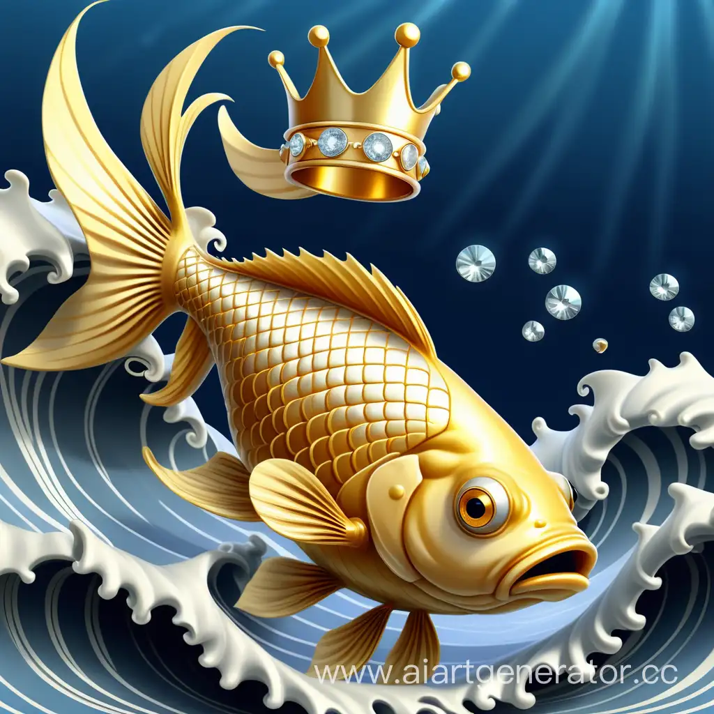 Majestic-Golden-Fish-with-Diamond-Crown-in-Shimmering-Blue-Waves