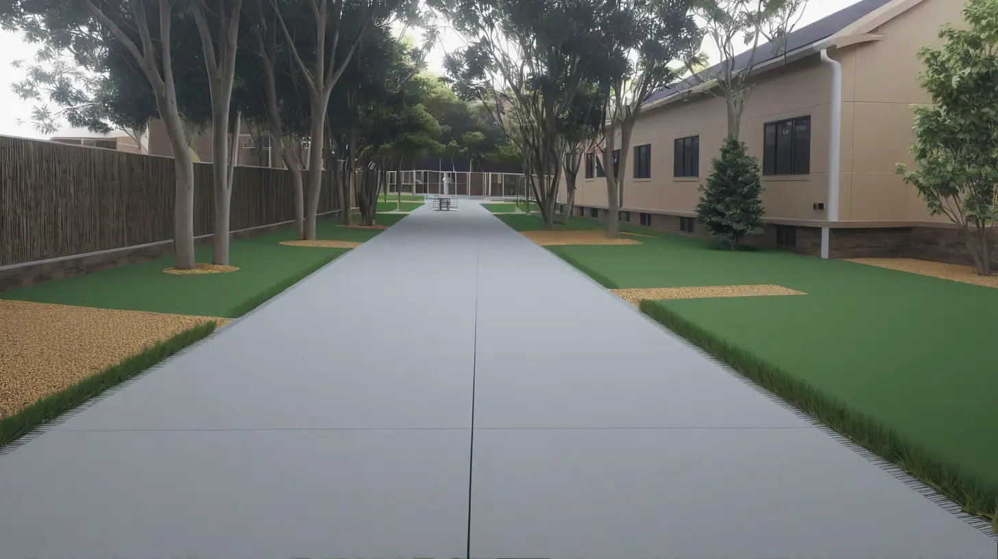A photo-realistic picture of the yard of the intellectual disability facility,