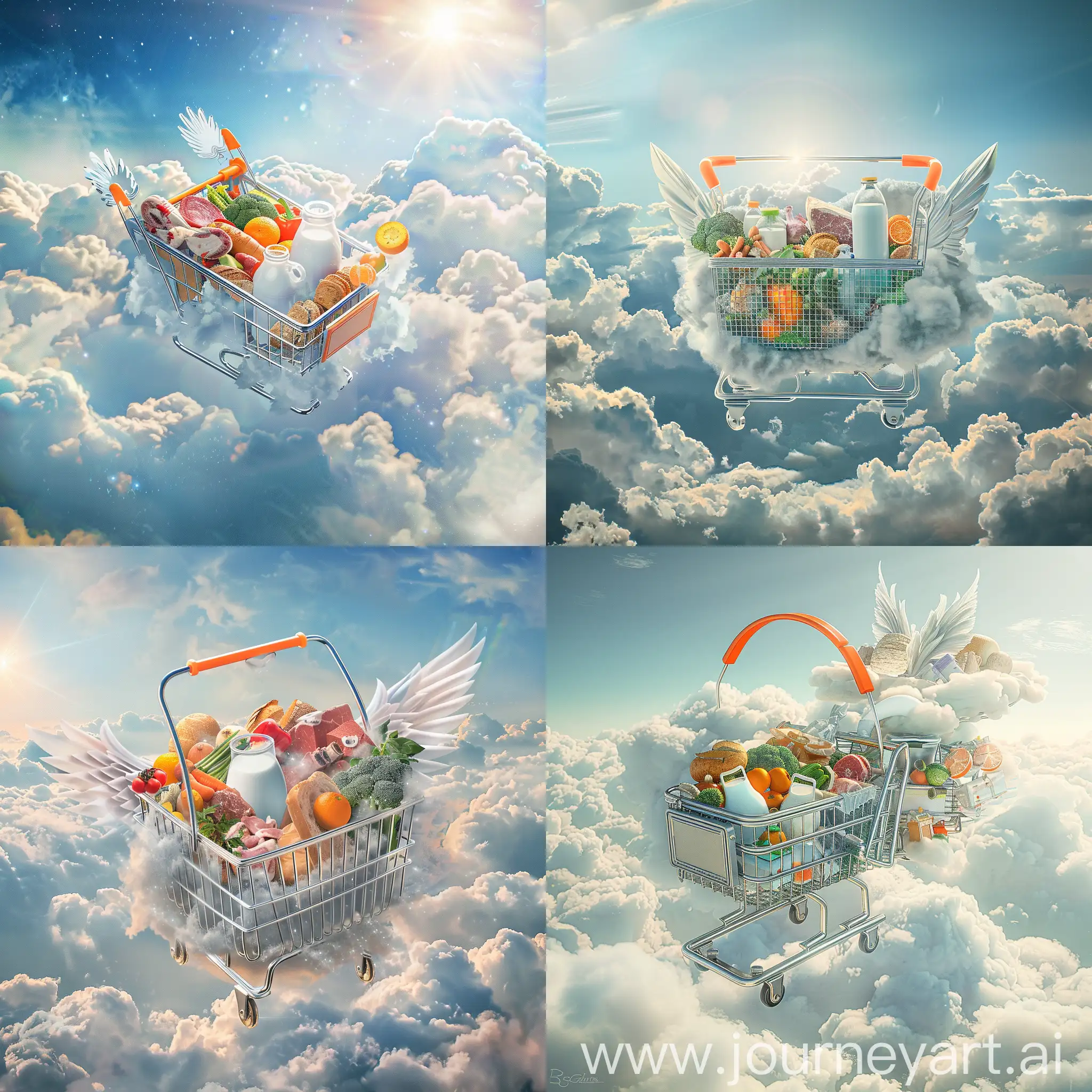 Soaring-Shopping-Basket-with-Groceries-Above-Clouds