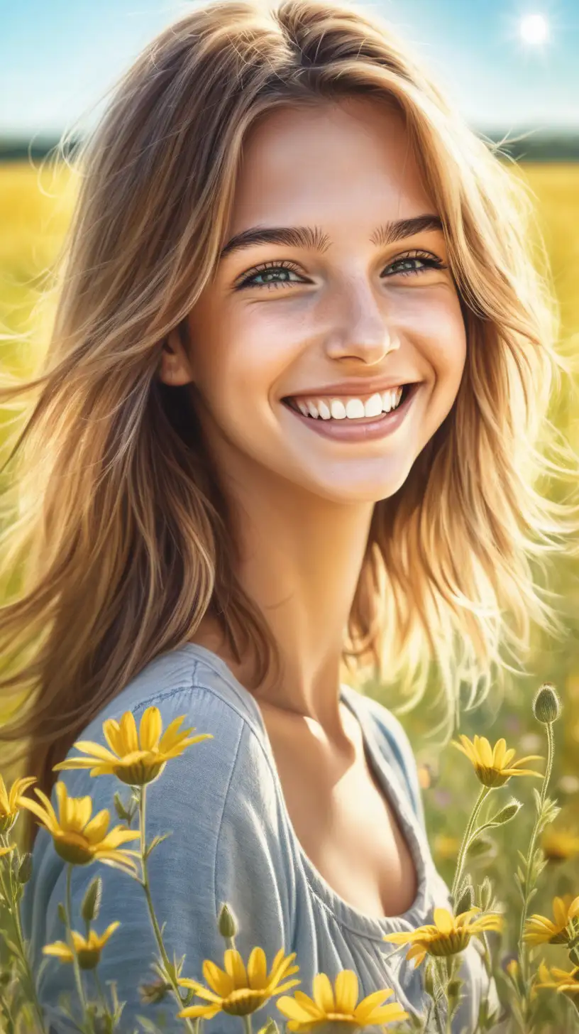 create a realistic image of a A close-up of a smiling face beautiful smiling woman, in a field of wildflowers under a bright sun