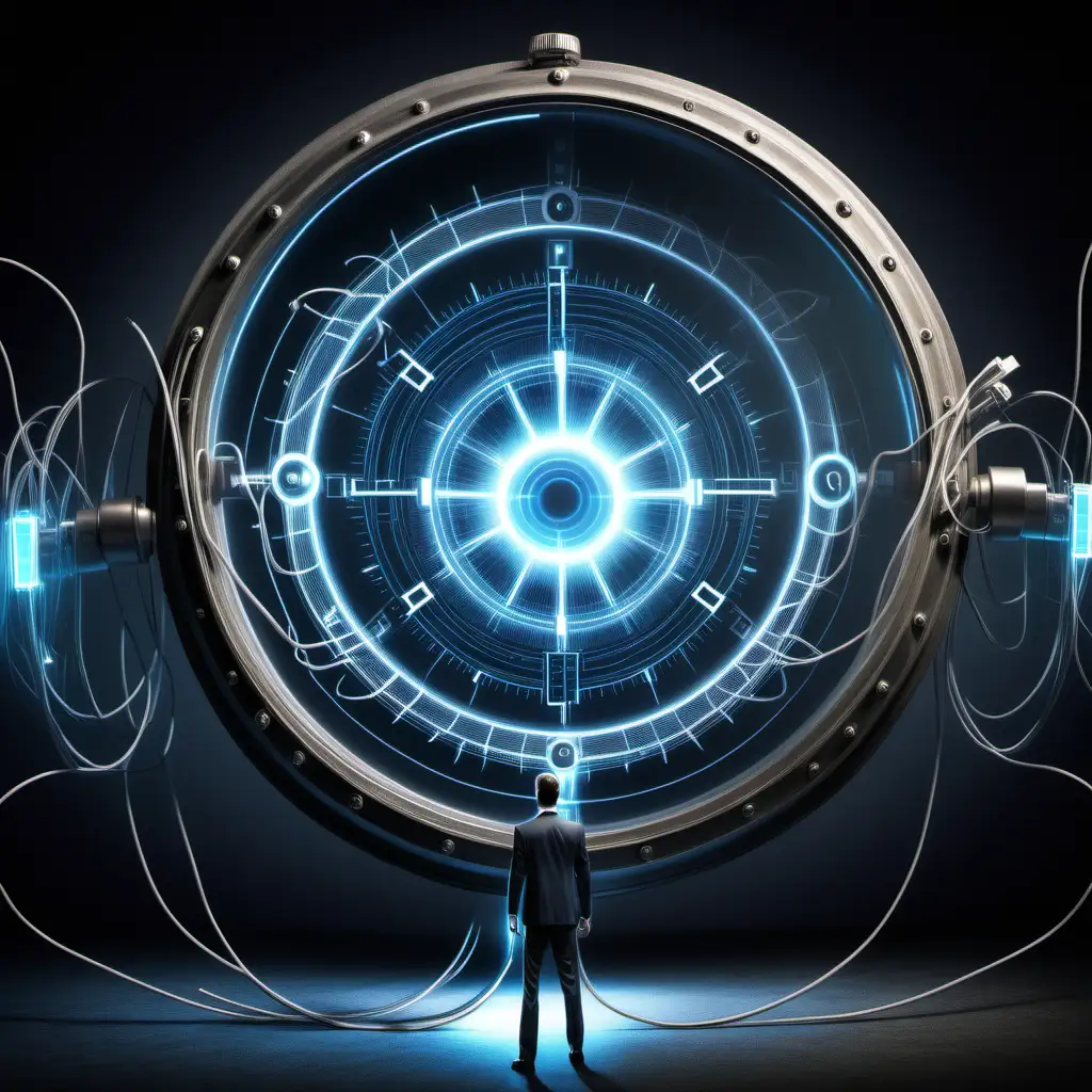 A real photo of New teleportation and time travel technologies consisting of a watch and a portal with numerous interconnected electric wires