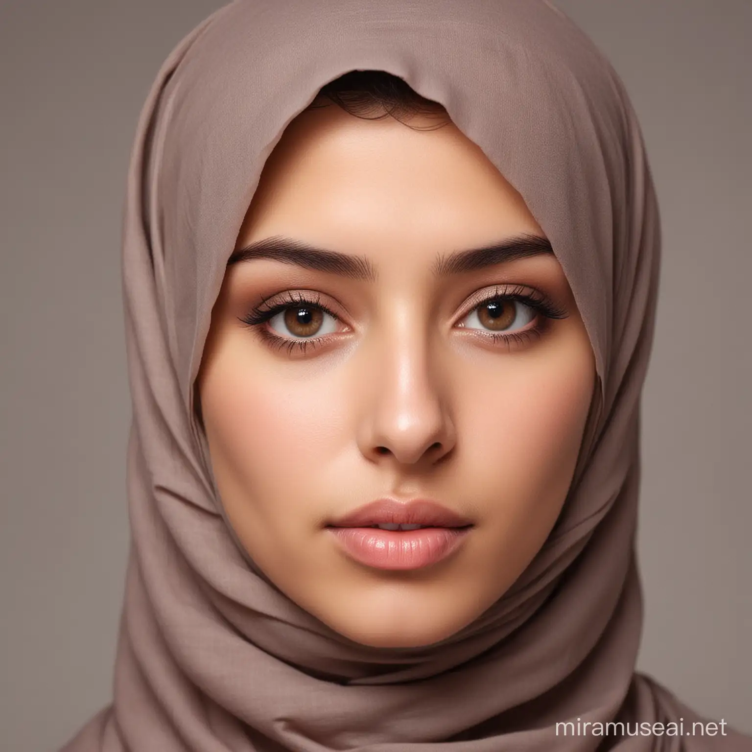 A girl with a thin and long face, small eyes, brown,and sharp, wearing hijab, her beautiful neck is showing 