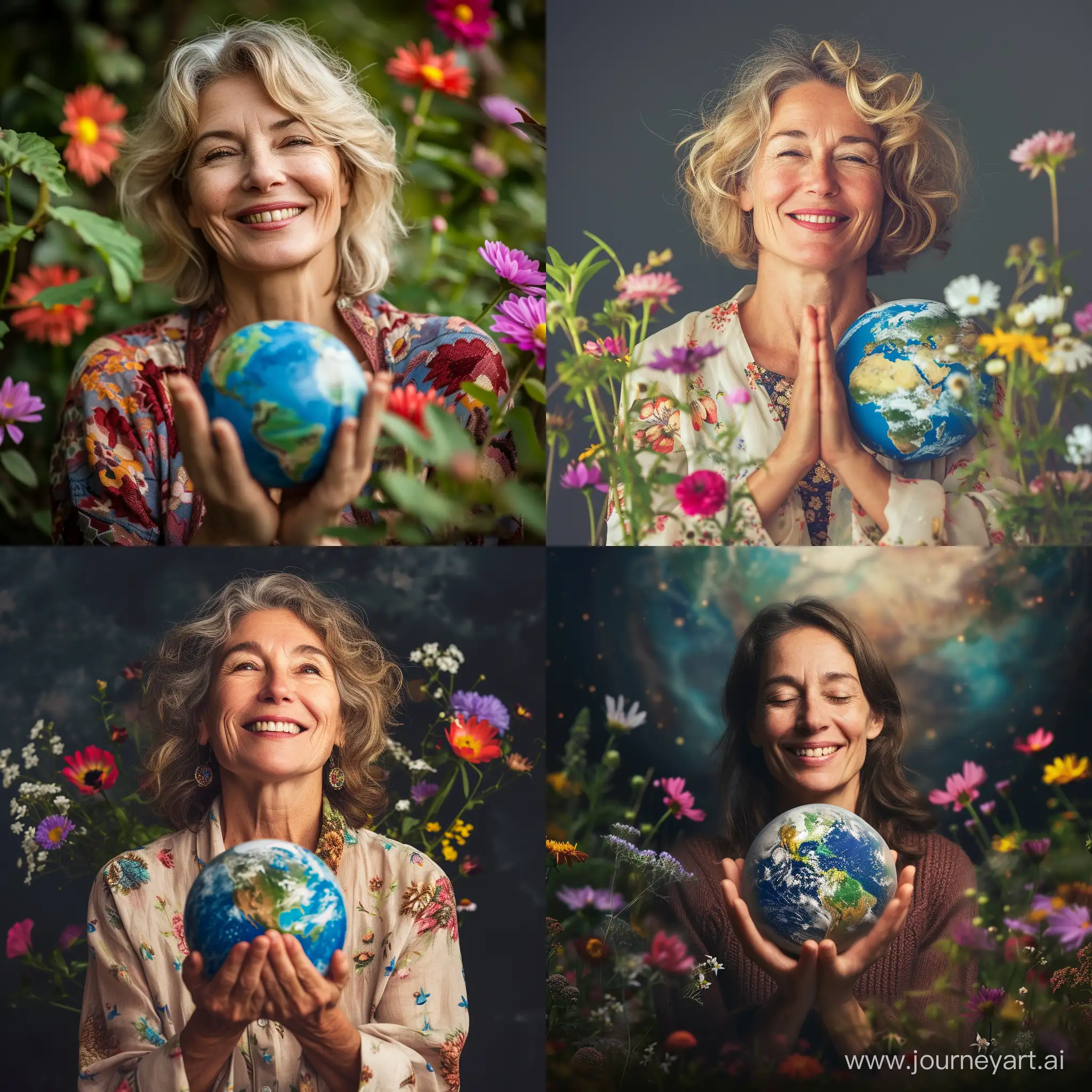 красивая зрелая улыбающаяся женщина молится планета земля в руках цветы космос любовь счастье