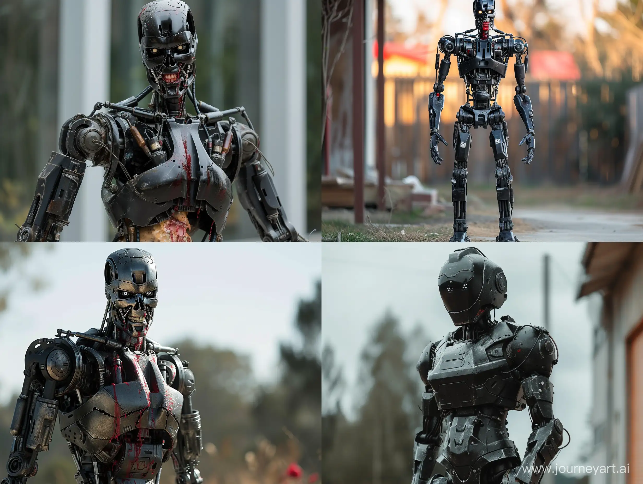 An image featuring a killer robot, providing a full view, standing outside, gore, style raw, horror,


