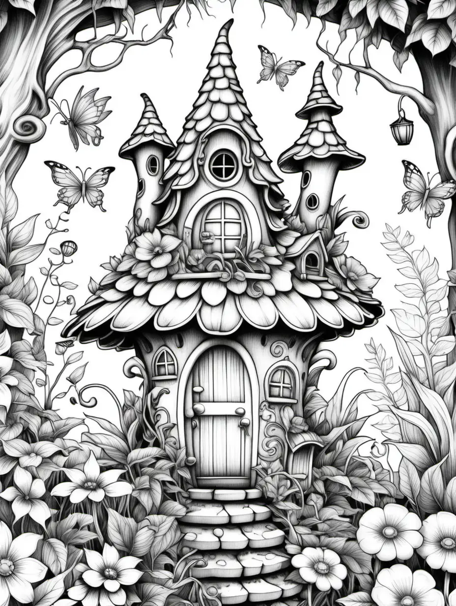 adult coloring book, fairy homes,  high detail,  no shading, roof flower,  fantasy, oversized flowers