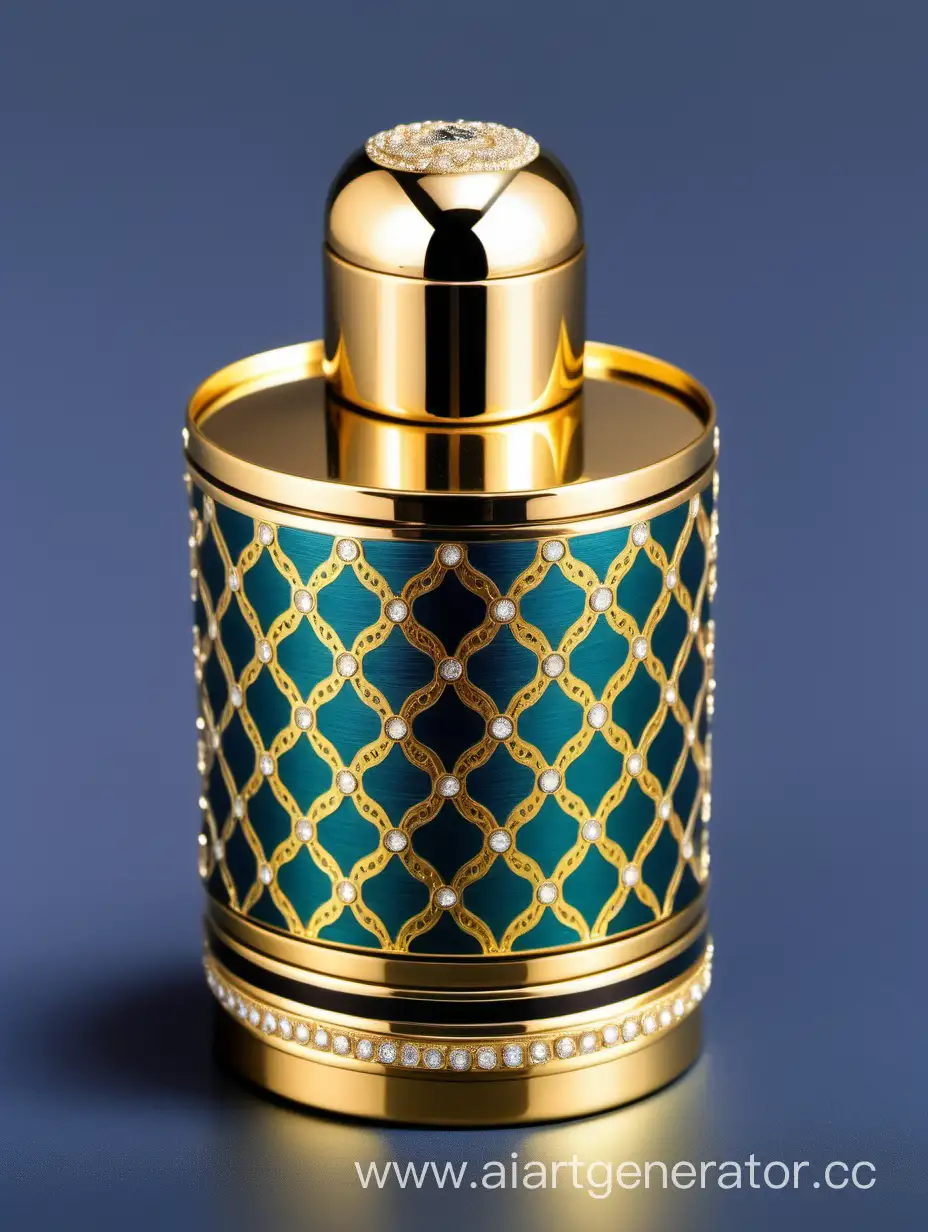 Luxury Plastic Perfume decorative ornamental long double height cap, gold color with black and dark green blue border line arabesque pattern round shaped metallizing finish with diamond on top
