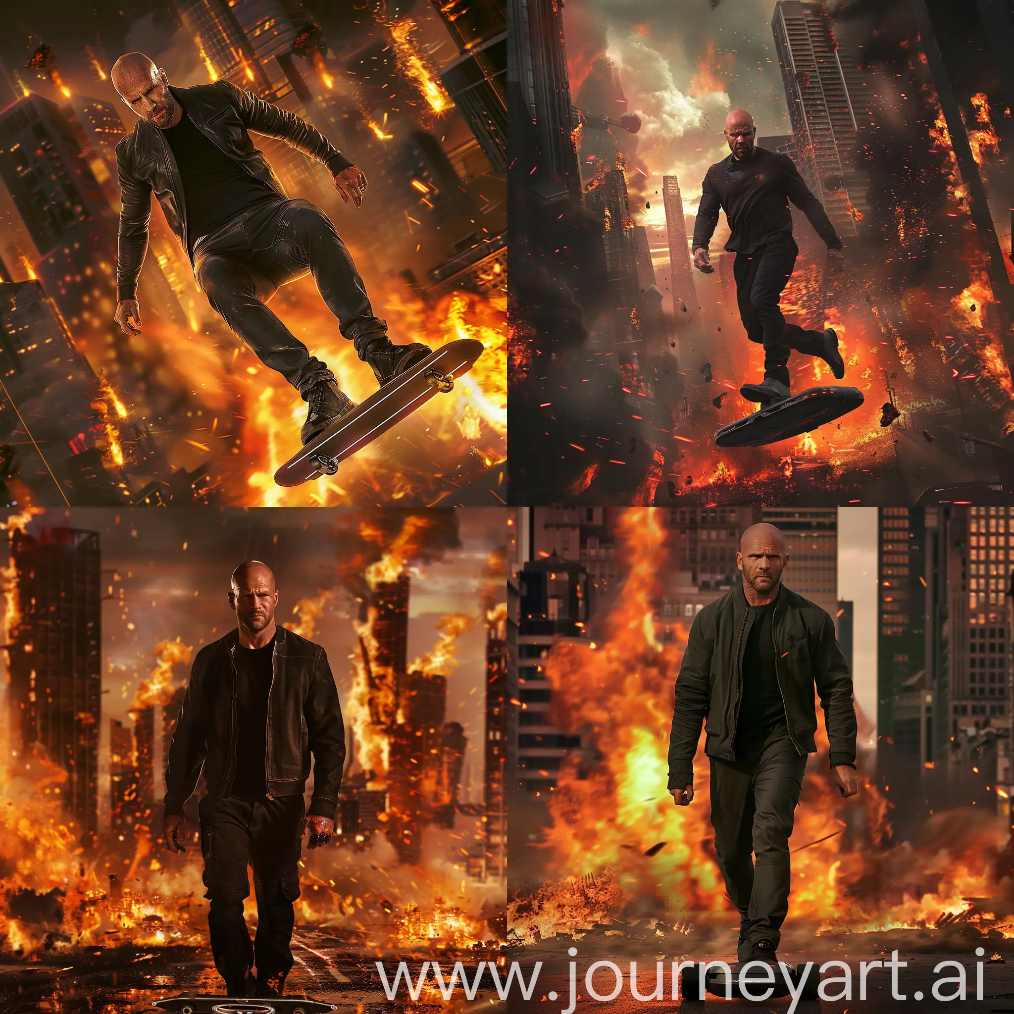 The actor jason statham escaping a burning city with a hoverboard. Cinematic masterpiece image