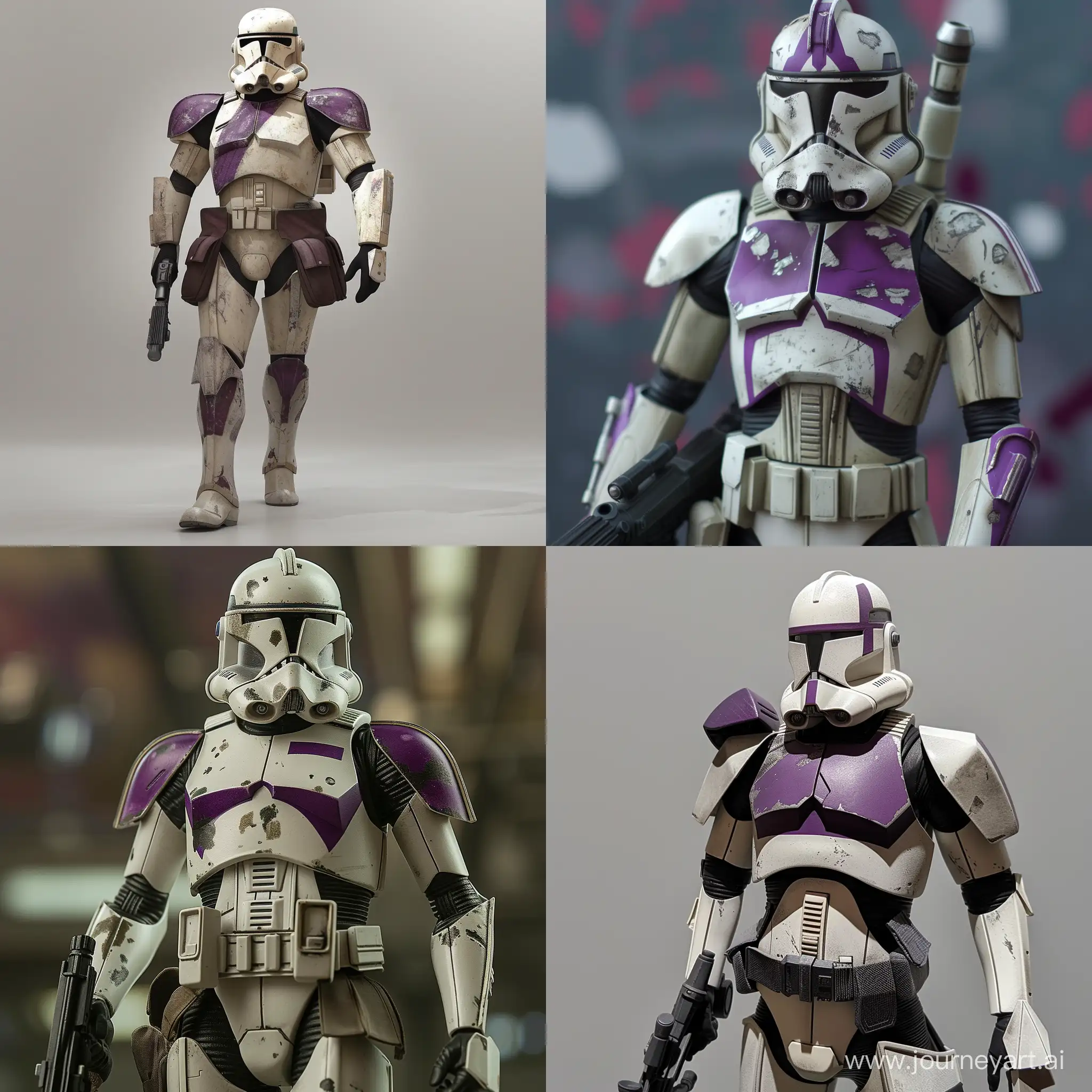 Clone trooper from Star Wars in second phase armor with purple accents on the armor --v 6 --ar 1:1 --no 6419
