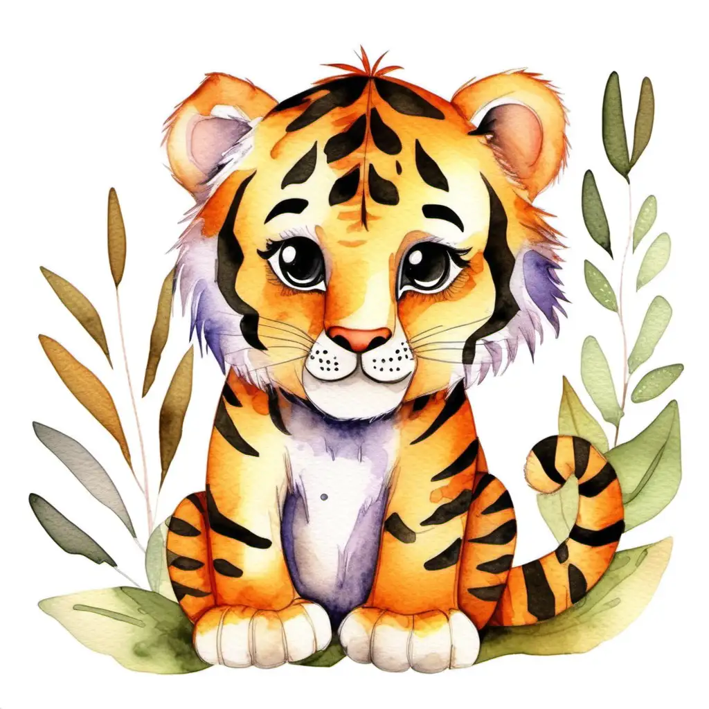 cute tiger, watercolour drawing, suitable for clipart, nursery, isolated on white background