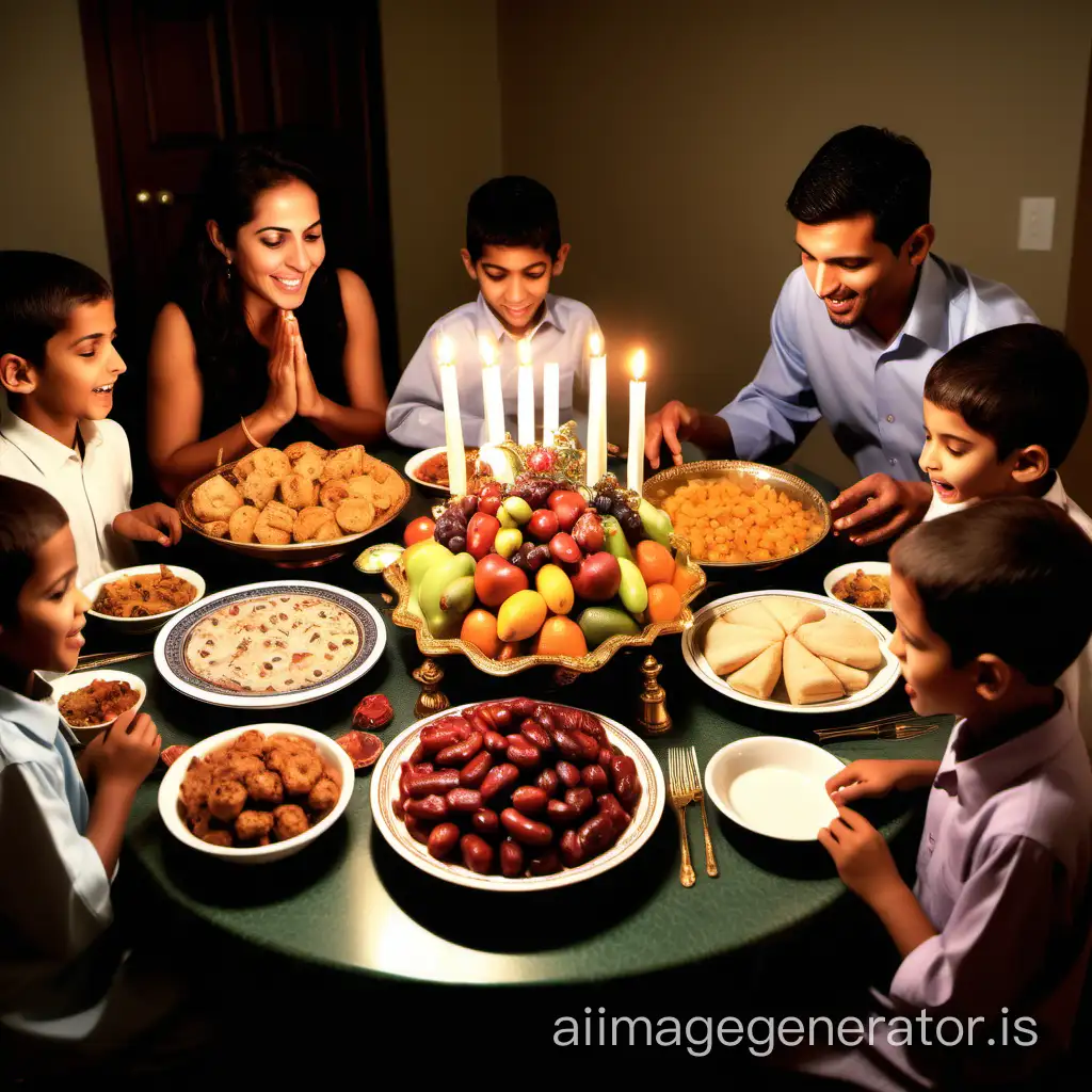 In the warm glow of twilight, the family gathers around a round table, their faces illuminated by the soft light of flickering candles. Excitement fills the air as they eagerly await the call to break their fast, the first Iftar of Ramadan. Children chatter excitedly, their eyes sparkling with anticipation, while women and men alike exchange smiles and words of encouragement. The table is adorned with an array of fruits, dates, and other delicacies, a feast fit for the occasion. Plates and bowls overflow with savory dishes and sweet treats, tempting the senses and stirring the appetite. As the moments pass, the anticipation grows, each member of the family counting down the seconds until they can partake in this sacred meal together. Finally, the call to prayer echoes through the air, signaling the moment they have been waiting for. With joyful hearts and grateful spirits, they join hands and bow their heads in prayer, expressing thanks for the blessings of food, family, and faith. And as they break their fast and share in the abundance before them, they are reminded once again of the power of unity, love, and devotion that binds them together as a family.