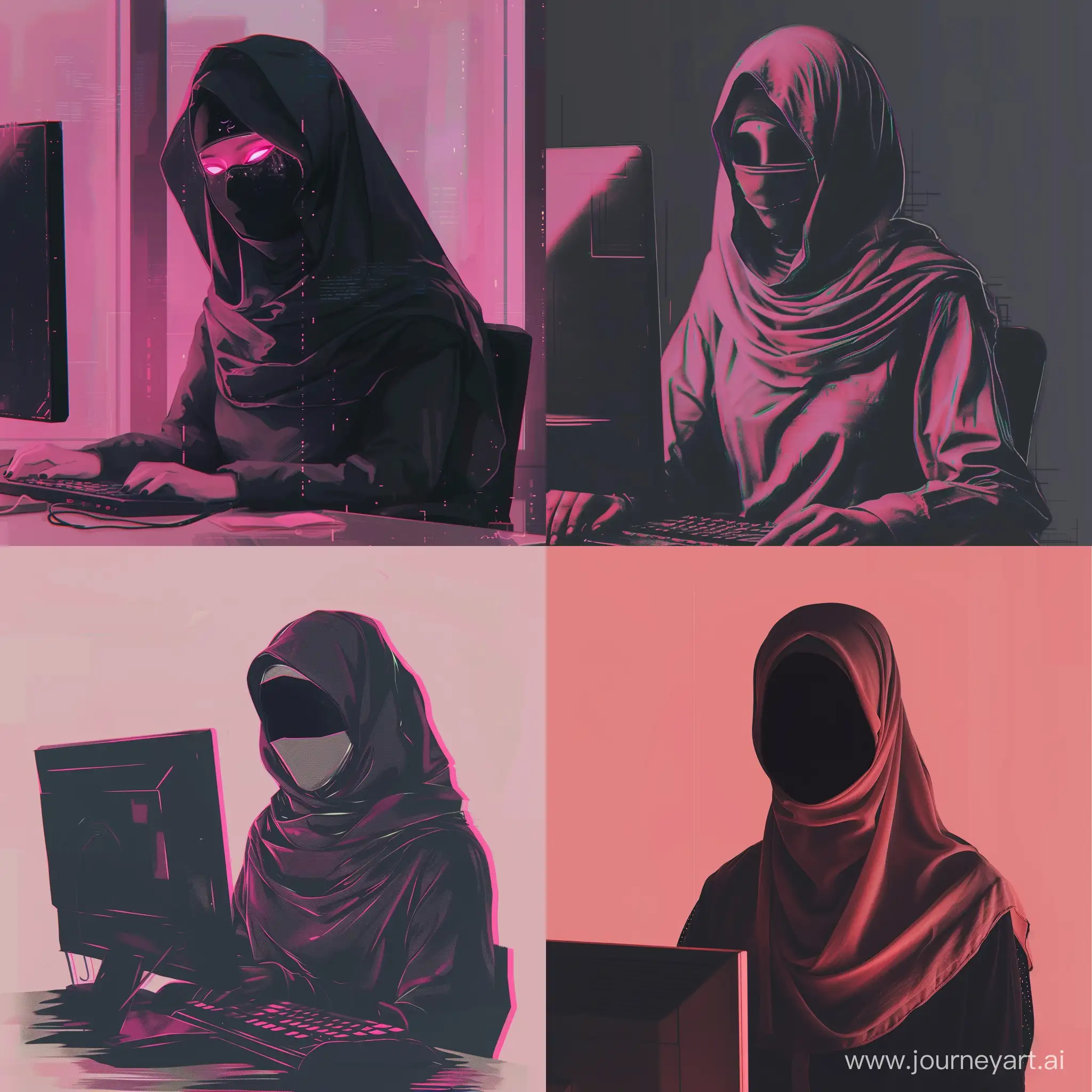 A picture of a girl in a hijab without a face, a girl at a computer, pink and black colors