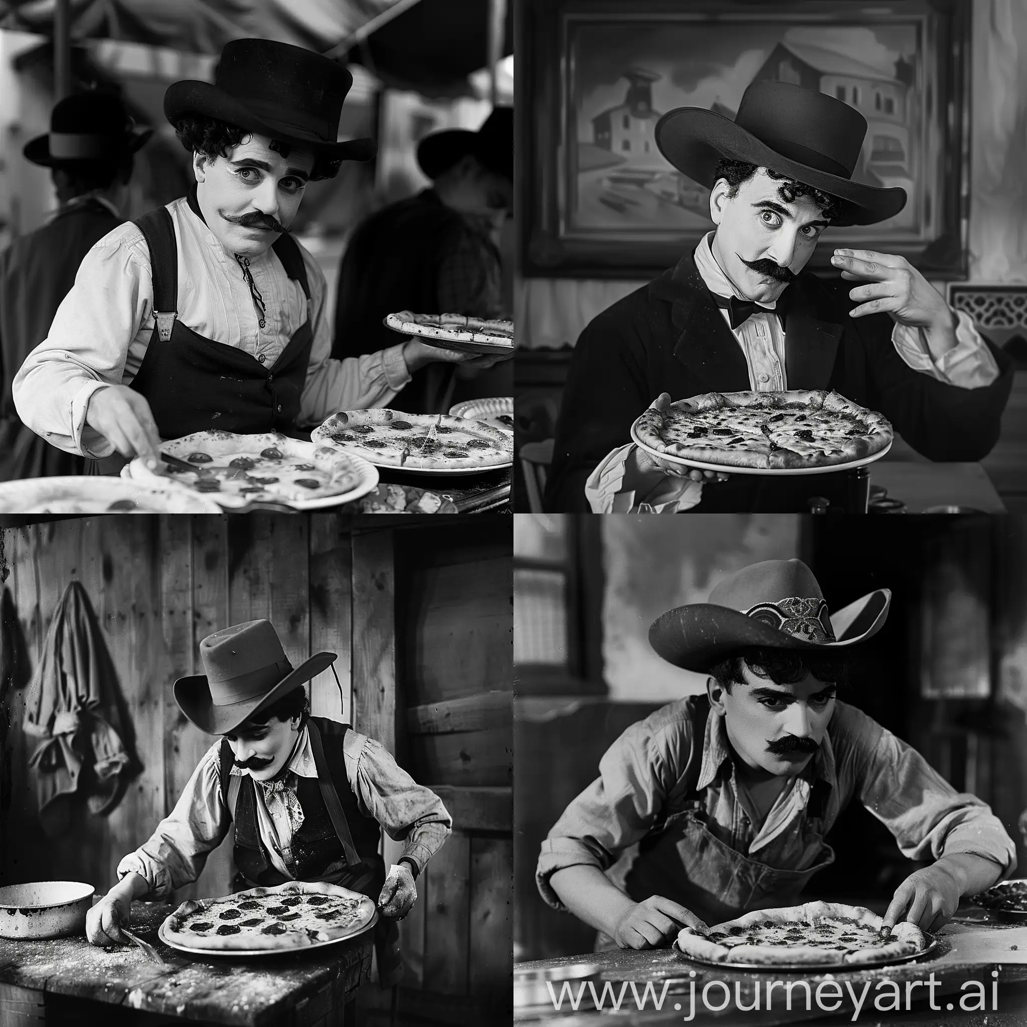 Charlie-Chaplin-in-Cowboy-Hat-Baking-Pizza-in-Classic-Monochrome-Style