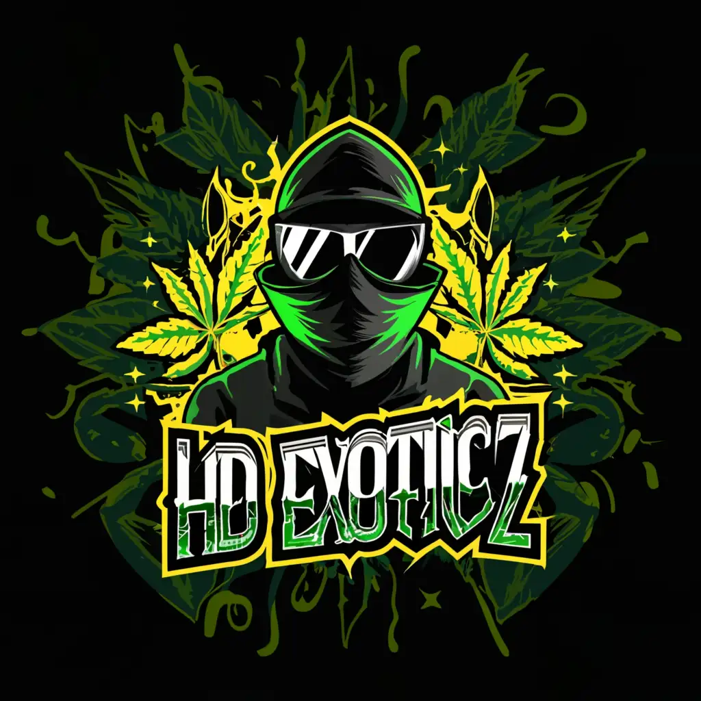 a logo design,with the text "HD EXOCTICZ", main symbol:a logo design,with the text "HD EXOCTICZ", main symbol:MAN WITH BLACK MASK AND BLACK GLASSES WITH HAT AND BALACLAVA WITH WEED THEMED ABSTRACT BACKGROUND USING MOSTLY GREEN BLACK AND YELLOW AND COLOURED PACKS OF SWEETS,Moderate,clear,Moderate,clear background