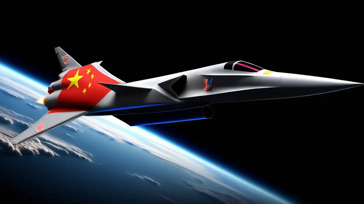 a hypersonic jet missile powered by most powerful engine, flying in dark space, very appealing to humans. very realistic and as secondary background with china flag