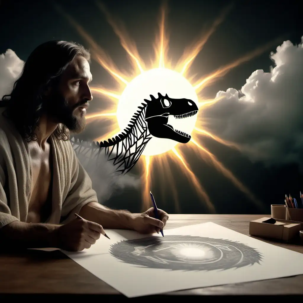  a man resembling Jesus Christ in luminous clothesJesus Christ invents a dinosaur , draws a cut-up drawing of a dinosaurr , the sun is around the cloud drawing of a dinosaur on paper . high detail cinematic framing —AR 2:1 —realistic image  ultrarealistic, 8K, —ar 4:5 —v 5.2    