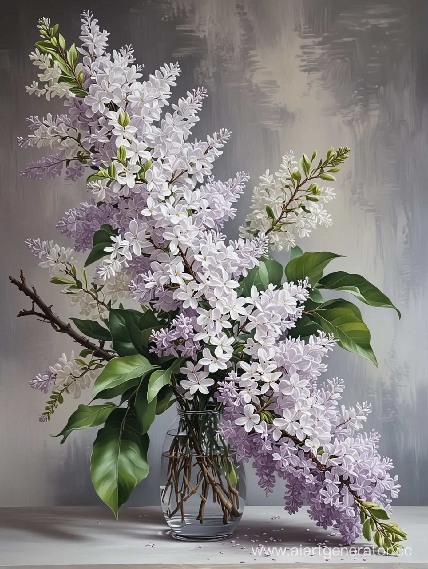 blooming white branch of lilac, painting, large strokes, realism, canvas