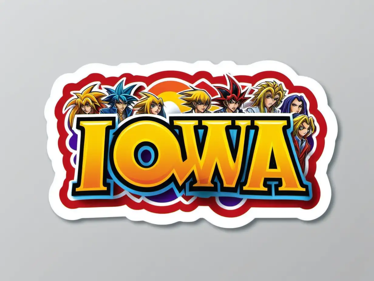 Cheerful Iowa Names Sticker with Detailed Yugioh Design on White Background