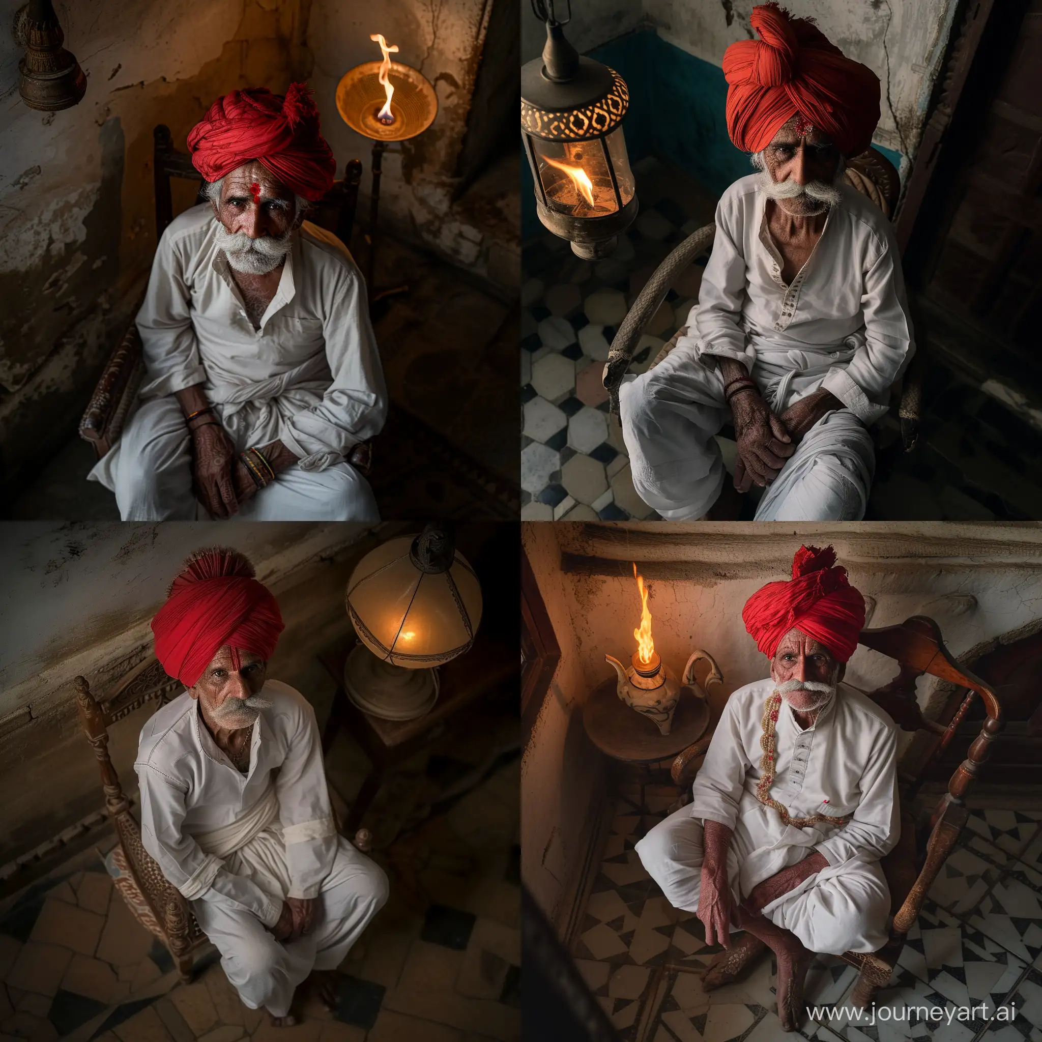 80 years old rabari with moustache red turban white clothing is sitting on a chair in old house with from above one old lamp burning    total body 50mm fujixt4  soft shadows fotorealist